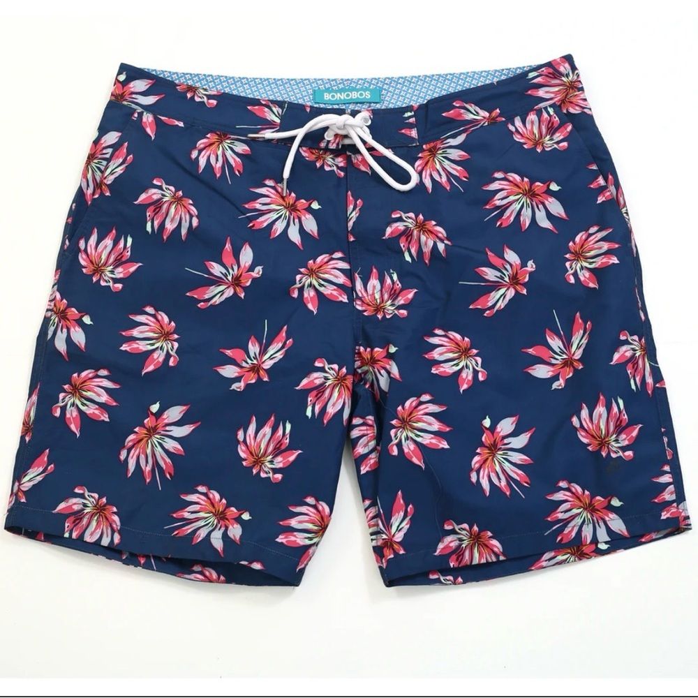 Men’s Bonobos Bonzai Boardie Swim Trunks Tropical Floral Print Navy And Pink